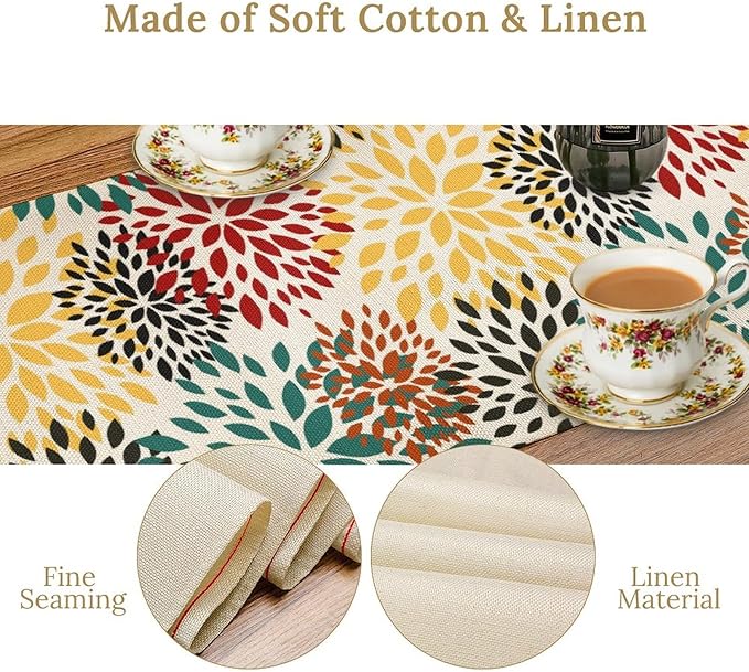 Green Red Dahlia Flower Table Runner Chrysanthemum Geometric Kitchen Dining Bedroom Living Room Table Decor for Indoor Outdoor Home Party, 13x70 Inch