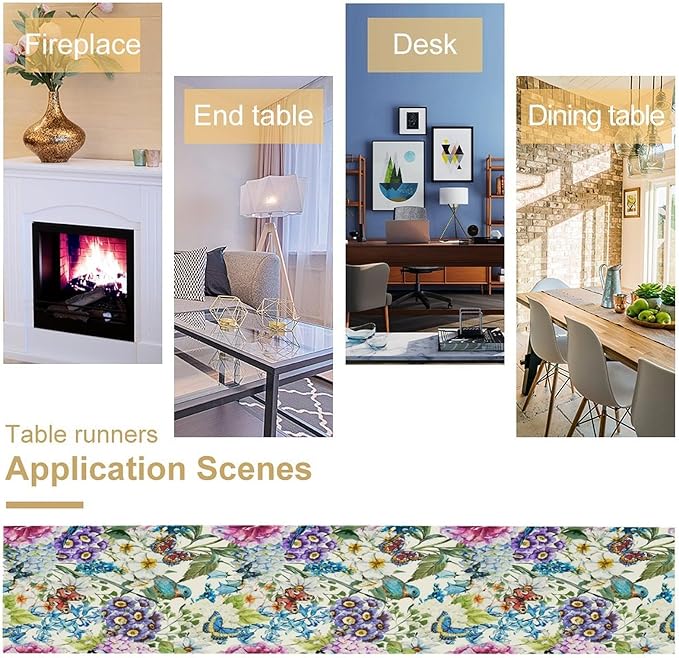 Brown Bird Floral Table Runner Spring Flower Kitchen Table Decoration Suitable for Family Dinner Decoration 13x60 Inch