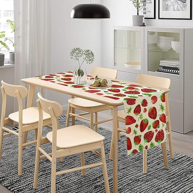 Strawberry Table Runner Spring Summer Fruit Wild Berry Forest Garden Dinner Runner for Girl Baby Shower Party Holiday Home Kitchen Dining Table Decor 13x70