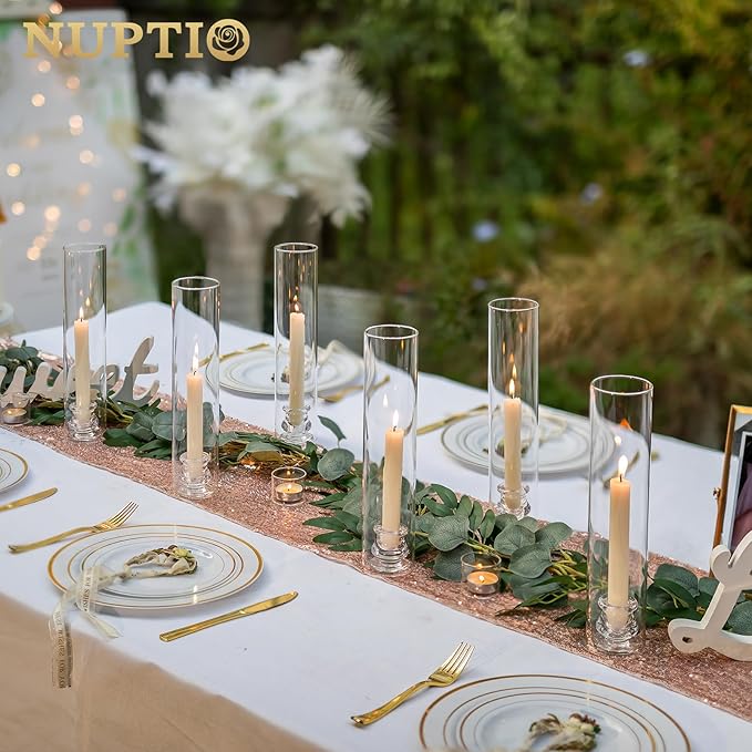 NUPTIO Candle Stick Candle Holder: Set of 6 Glass Hurricane Taper Candleholder - Bulk Candlestick Stand with Tall Cylinder Chimney for Thanksgiving Christmas Holiday Table Decoration