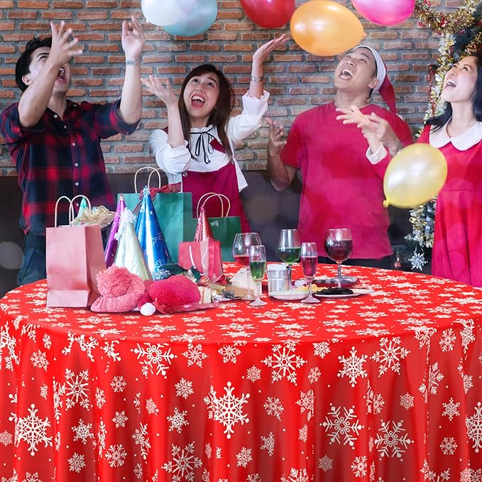 12 Pieces Christmas Snowflake Plastic Party Tablecloth Decorations, Disposable White Snowflake Red Xmas Round Table Cover Backdrop for Winter Christmas Holiday New Year Party Supplies,84 inch (Red)