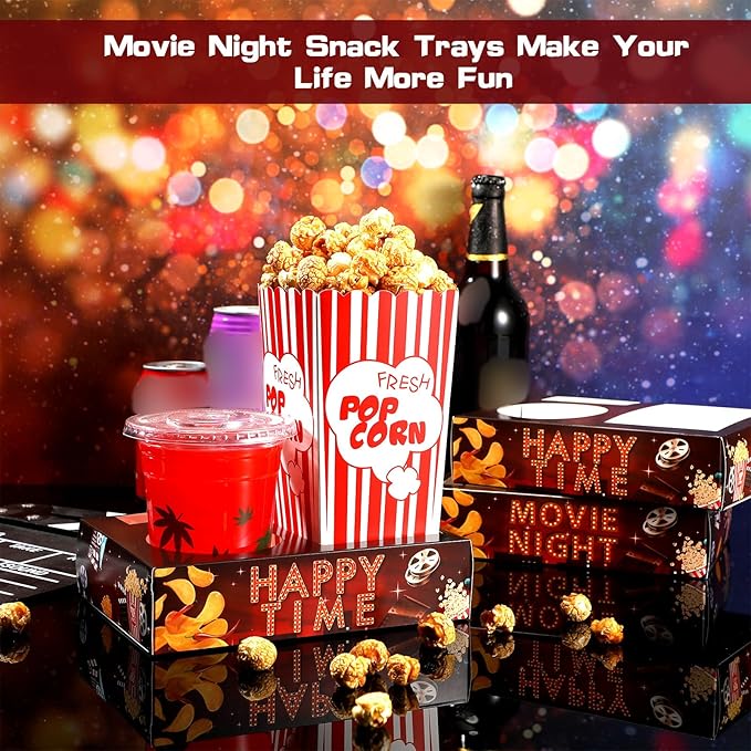Faccito 36 Pcs Movie Night Snack Trays Movie Theater Snack Boxes Night Supply Disposable Paper Holder Tray for Popcorn Food Candy Drink Party 8 x 6 Inch(Dark Red,Retro Style)