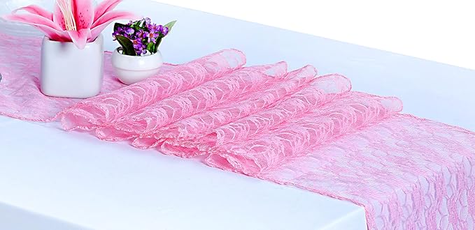 MDS Pack of 15 Wedding 12 x 108 inches Lace Table Runner for Wedding, Decorations for Birthday Parties, Banquets, Graduations, Engagements, and Runners fit Rectangle, Round Table- Pink