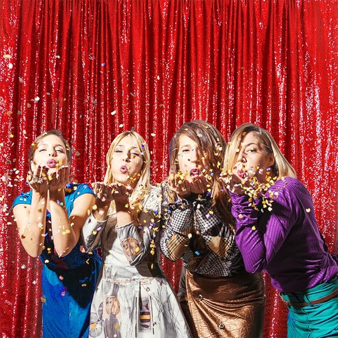 SquarePie Sequin Backdrop Curtain Not See Through Thick Glitter Background for Party 6FT x 8FT Red