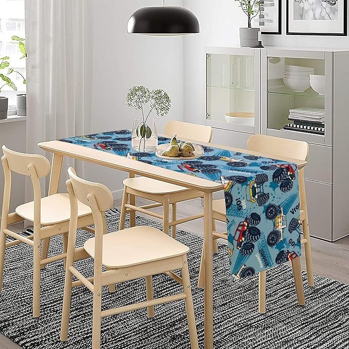 Monster Truck Table Runner,for Kids Boys Cool Colorful Cartoon Blue Cars Pattern Print Tablecloth Burlap for Hotel Indoors Outdoor Dining Room Kitchen Home Decor,W13X L80 in