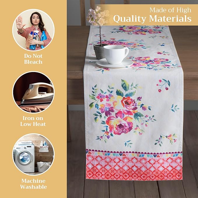 Maison d' Hermine Table Runner 100% Cotton Double Layer Table Runners 108 inches Long Decorative for Home Kitchen Dining Party Wedding Bridal Shower Spring Summer (Rose Garden, 14.50" x 108")