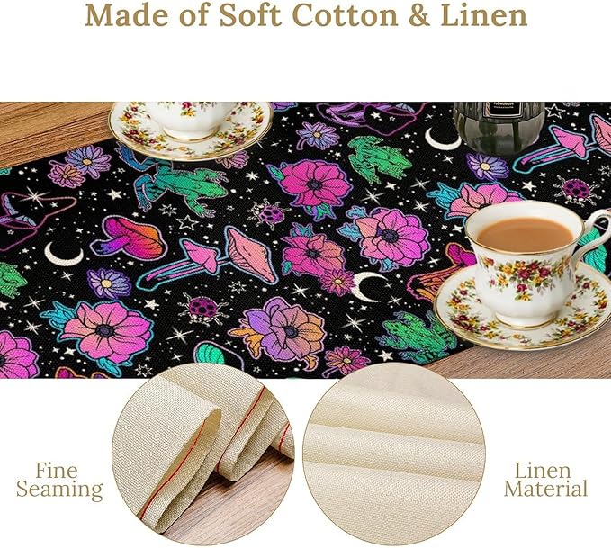 Gothic Star Moon Colorful Table Runner for Kitchen Living Room Home Party Boho Floral Table Runner 13x36 Inch