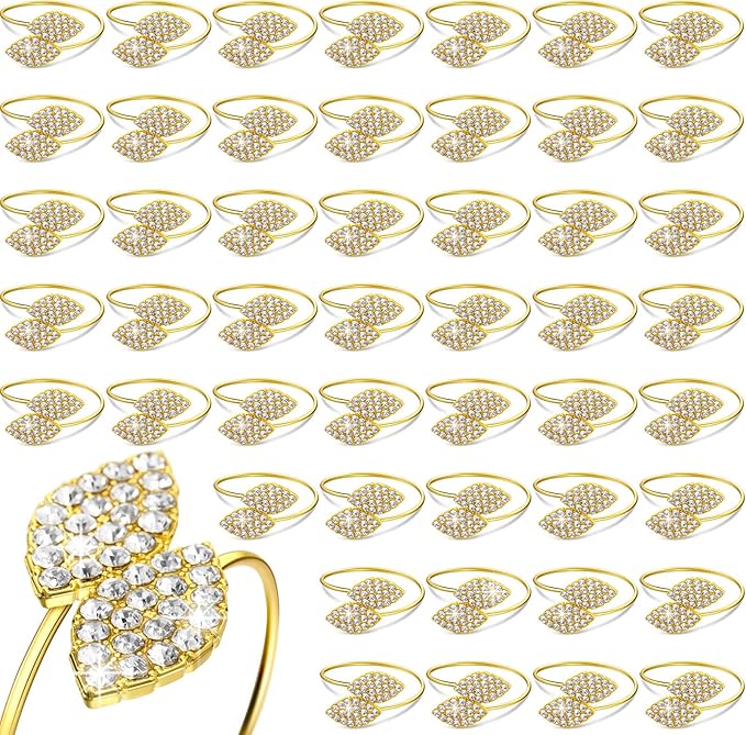 Hotop 100 Pcs Napkin Rings Gold Table Decorations, Elegant Bling Leaves Napkin Rings, Rhinestone Guest Towels Buckle for Wedding Gold Party, Thanksgiving Christmas Dinner Banquet Table Decoration