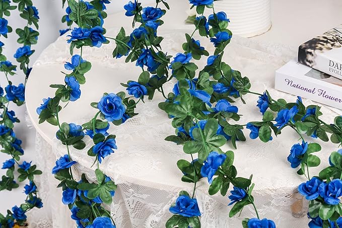 Miracliy 5Pcs 41FT Blue Flower Garland Artificial Rose Arch Vines Fake Spring Floral Garland for Flower Wall Backdrop Wedding Mothers Day Garden Tea Party Decoration