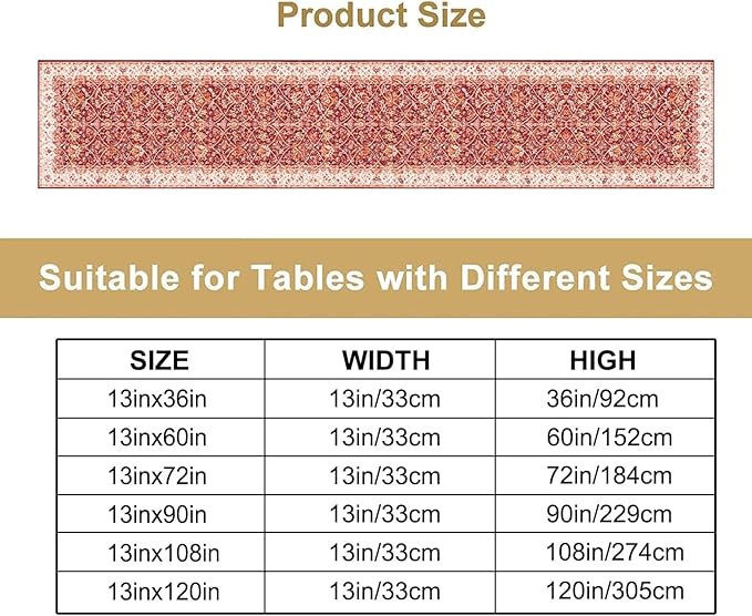 Boho Floral Vintage Table Runner, Retro Red Flower Rustic Country Farmhouse Abstract Pattern for Home Kitchen Table Decor Dining Coffee Room Party Decor 13x36in