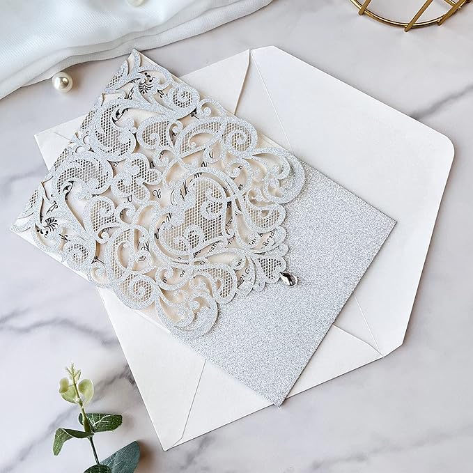 Hosmsua 5.1 x 7.3 Inch 50PCS Silver Glitter Wedding Invitation Cards with Rhinestone Laser Cut Hollow Flora Quinceanera Invitation with Envelopes for Bridal Shower Wedding Invite (Silver Glitter)
