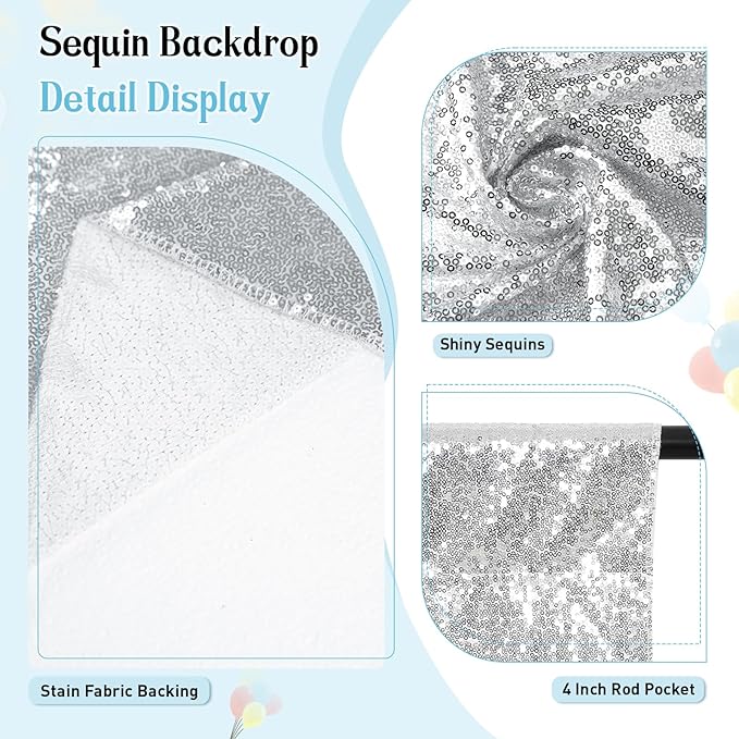SquarePie Sequin Backdrop Curtain Not See Through Thick Background for Party 4FT x 8FT Silver