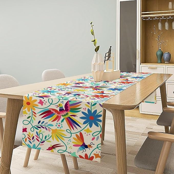 Mexican Table Runner,Boho Colorful Nature Inspired Flowers and Birds Table Cloth Kitchen Dining Table Home Party Decoration 13x60 Inch