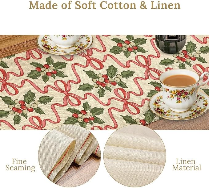 Christmas Table Runner,Xmas Holiday Bowknot Decor Table Cloth Kitchen Dining Table Decoration for Home Party Decor 13x108 Inch