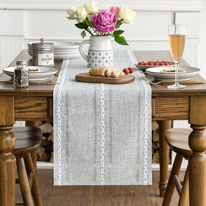 Artoid Mode Grey Rustic Cotton Linen Table Runner, Seasonal Embroidered Hollow Kitchen Dining Table Decoration for Home Party Decor 13x72 Inch