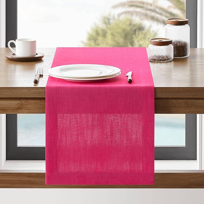 ZeeMart Linen Textured Border Table Runner, 14 x 108 Inch Hot Pink, Farmhouse Style Pink Table Runners 108 Inches Long, Easy Care Everyday Polyester Table Runner