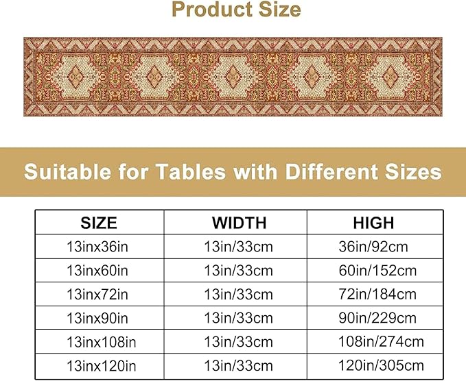 Boho Bohemia Style Orange Table Runner, Country Rustic Farmhouse Magical Abstract Print Pattern for Home Kitchen Table Decor Dining Coffee Room Garden Party Decor 13x120in