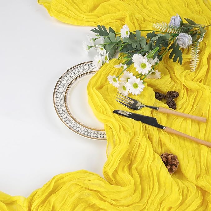 12 Pack Lemon Yellow Cheesecloth Table Runner 10ft Boho Gauze Fabric Cheese Cloth Table Runner 35 x 120 Inch Rustic Sheer for Romantic Wedding Decor Baby Shower Party Table Centerpiece Decoration
