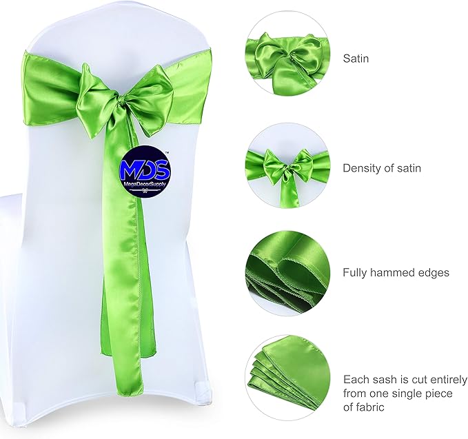MDS Pack of 100 PCS Satin Chair Sashes Charmeuse Sateen Dining Chair Bows Ribbon Ties Back Sash for Wedding Party Birthday Home Hotel Restaurant Banquet Decoration (7 x 108 Inch, Parrot Green)