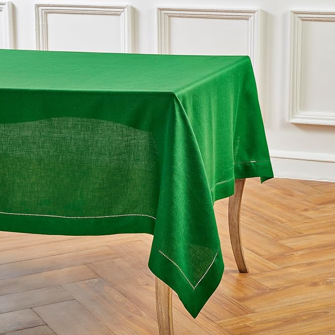 Solino Home Garden Green Linen Tablecloth 60 x 132 Inch - 100% Pure Linen Hemstitch Table Cloth for Rectangle Tables - Classic Hemstitch, Machine Washable Tablecloth for Christmas