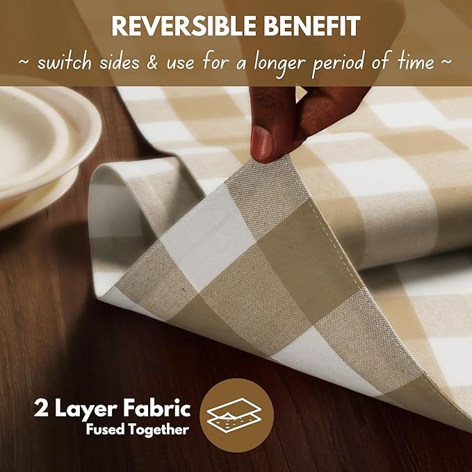Native Fab Table Runner Buffalo Check Plaid 100% Cotton - 13x90 Inches Kitchen Dining Table Decoration for Indoor Outdoor Farmhouse Home Party Decor - Beige and White