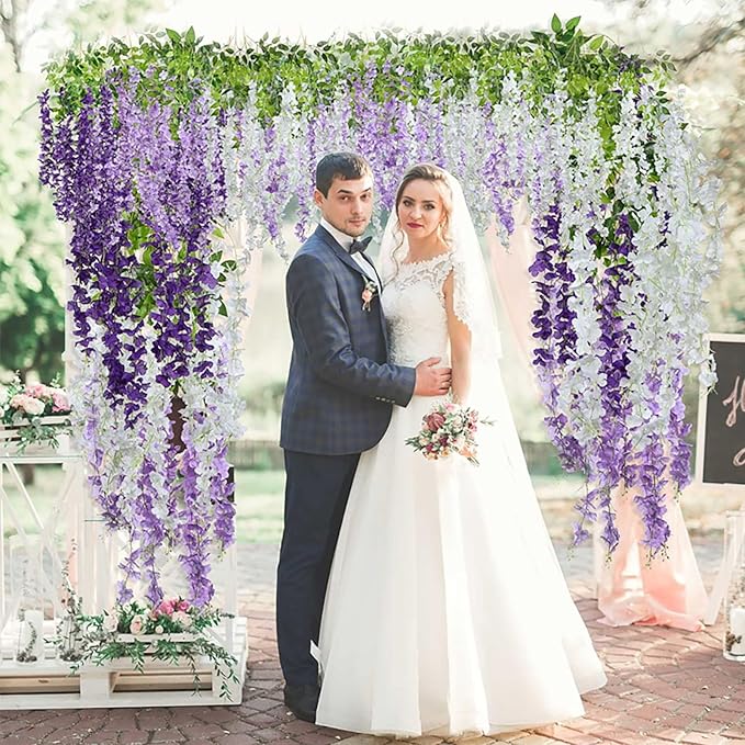 12 Pack Purple Wisteria Hanging Flowers Garland, 3.77 Feet Artificial Flower Vines, Fake Wisteria, Artificial Vines Hanging Garland for Backdrop Outdoor Yard Garden Decor