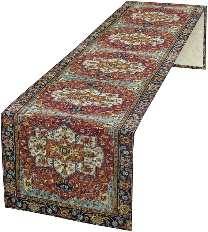 Vintage Boho Floral Table Runner, Rustic Country Farmhouse Red Blue Gold Retro Flower Pattern for Home Kitchen Table Decor Dining Coffee Room Party Decor 13x120in