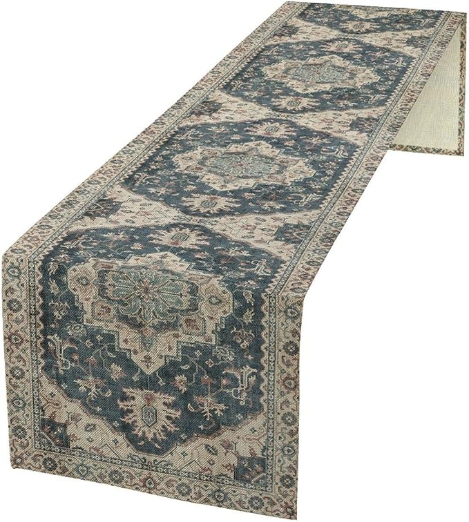 Boho Bohemia Style Table Runner, Vintage Blue Retro Flower Rustic Country Style Floral Print Pattern for Home Kitchen Table Decor Dining Coffee Room Garden Party Decor 13x108in
