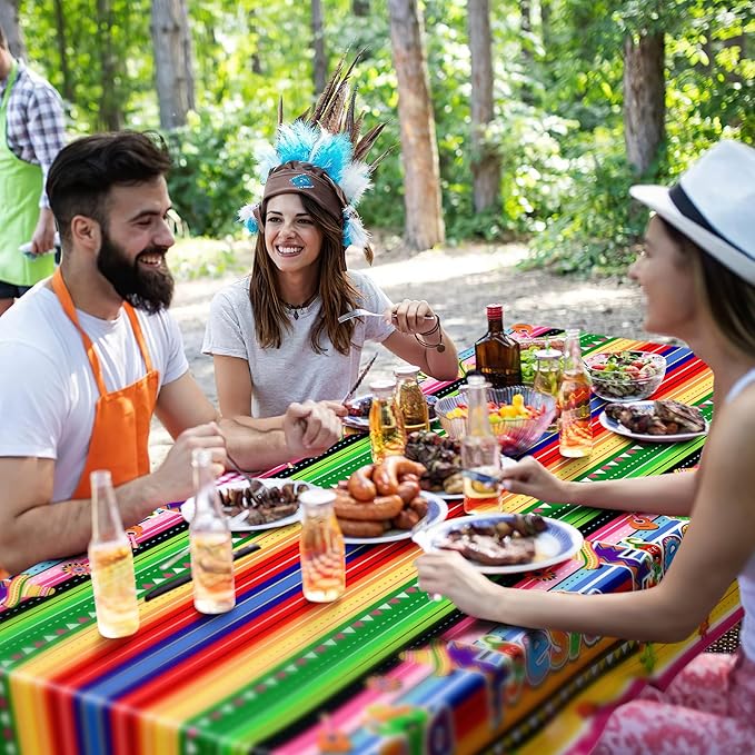 4 PCS Cinco De Mayo Tablecloth, 108"x54" Mexican Fiesta Tablecovers, Disposable Mexican Striped Table Covers, Plastic Party Table Cloth for Mexican Themed Party Supplies Carnival Taco Night Birthday