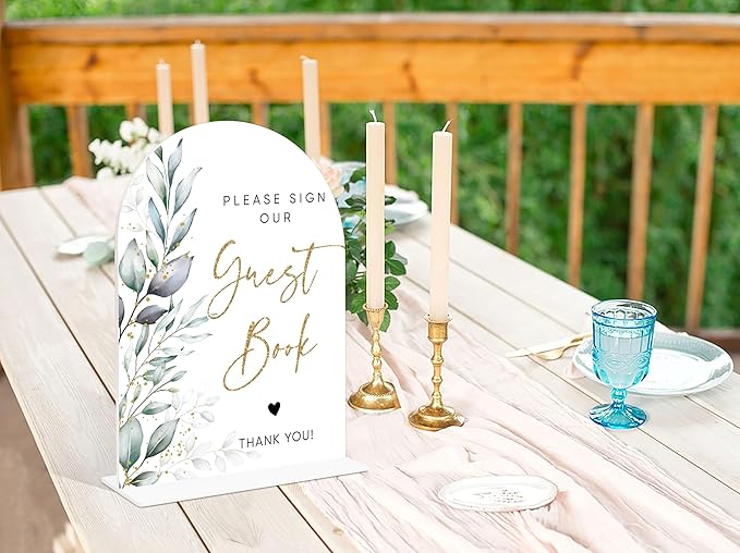 Acrylic Wedding Signs, Greenery Theme Please Sign Our Guestbook, Wedding Reception Signage, Bridal Shower Table Decor with Stand, Engagement, Anniversary, Newlywed Events and Parties Supplies, 19