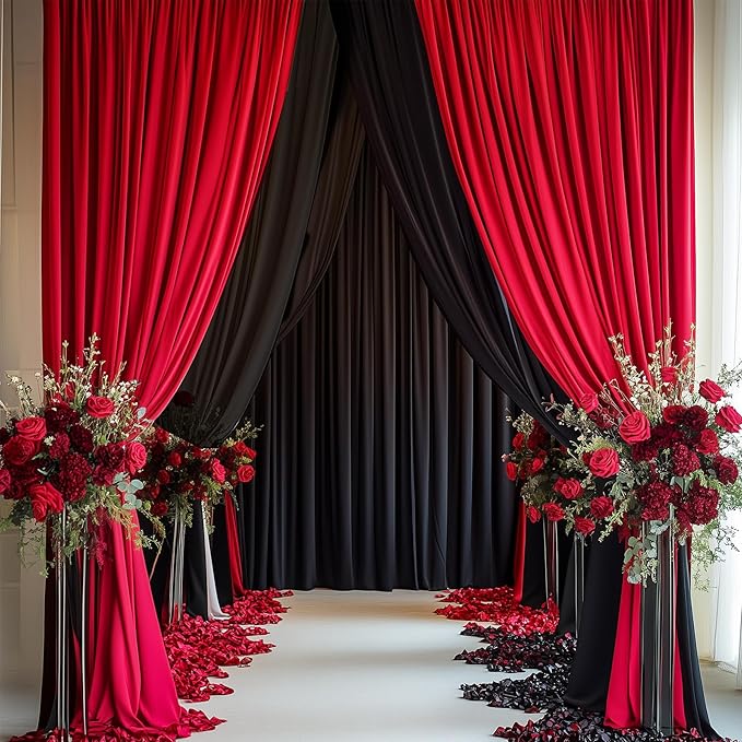 50ftx12ft Wrinkle Free Red Backdrop Curtain, 10 Panels 12FT Height Red Wedding Backdrop Drapes, Silky Polyester Back Drop Cloth for Birthday Photography Background Party Backdrop Draping