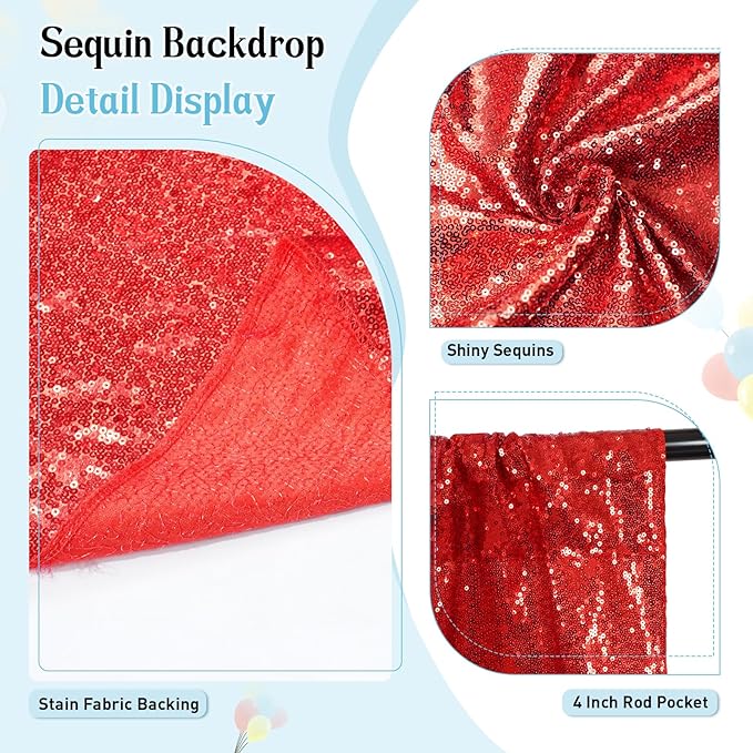 SquarePie Sequin Backdrop Curtain Not See Through Thick Glitter Background for Party 8FT x 10FT Red