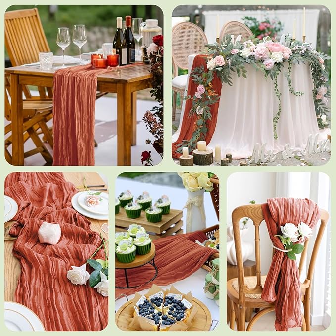 Asee'm 2pcs Cheesecloth Table Runner 120 Inches Long Terracotta Boho Gauze Cheese Cloth Runner 10FT Rustic Sheer Fall Table Runners for Thanksgiving Christmas Wedding Party Baby Shower Decoration