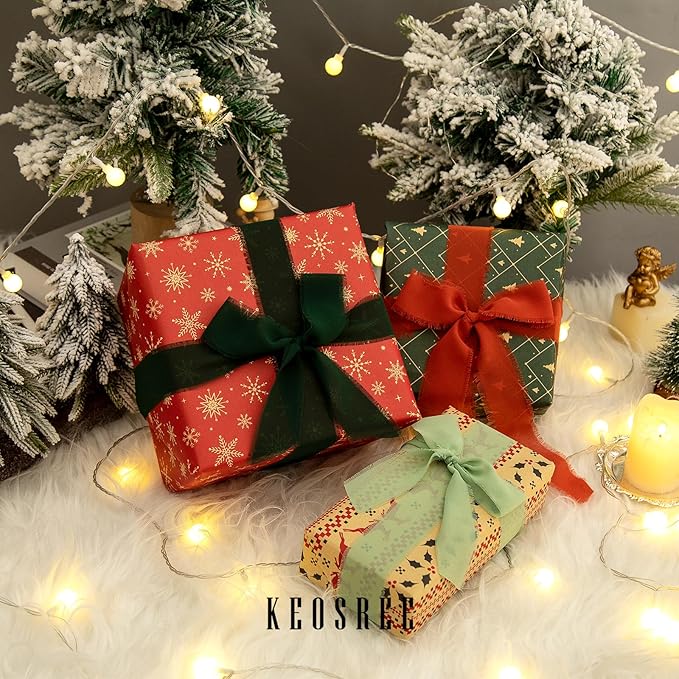 3 Rolls Dark Green Handmade Chiffon Ribbon,1.5" x 21Yd Frayed Fringe Silk Ribbons (3 Rolls *7Yd) for Gifts Wrapping, Wedding Invitations, Bridal Bouquets, Decorations