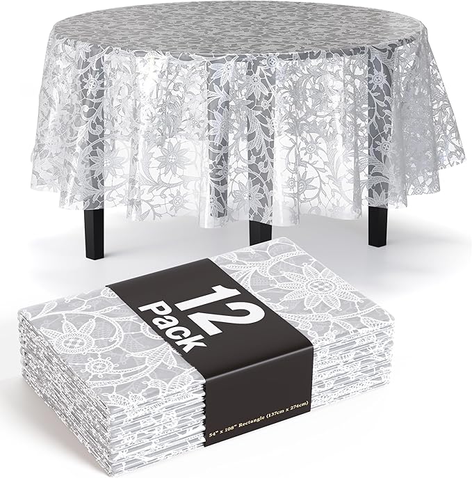 Exquisite Lace Table Cloth Round Table Plastic 12-Pack Lace Tablecloth Round 84" | White Floral Tablecloth Disposable | Wild Flower Party Decorations & Party Supplies