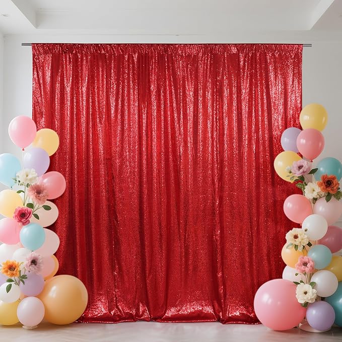 SquarePie Sequin Backdrop Curtain Not See Through Thick Glitter Background for Party 10FT x 10FT Red