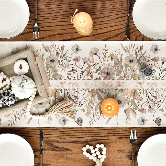 Artoid Mode Wildflower Leaves Floral Fall Table Runner, Autumn Thanksgiving Kitchen Dining Table Decoration for Indoor Outdoor Home Party 13x60 Inch