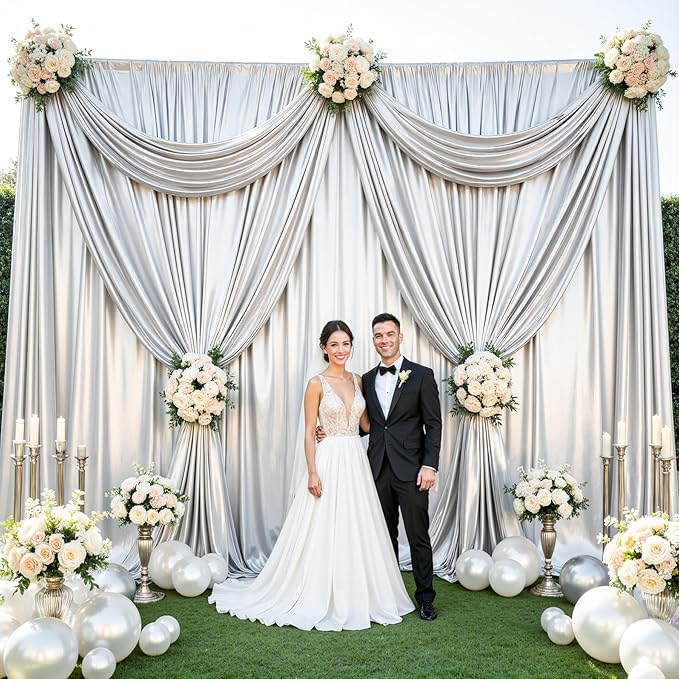 10x10 ft Silver Glitter Backdrop Curtain for Parties, Wrinkle Free Glitter Photo Backdrop Drapes 2 Panels 5x10FT Shimmer Back Drop Cloth for Wedding Birthday Stage Photography Background Decor