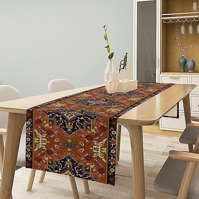 Vintage Boho Orange Table Runner, Country Rustic Farmhouse Magical Abstract Print Pattern for Home Kitchen Table Decor Dining Coffee Room Garden Party Decor 13x72in