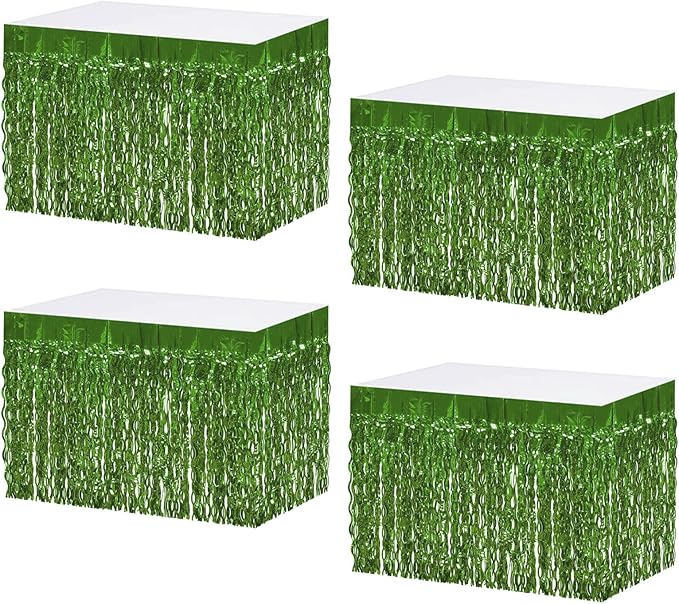 4P Wavy Metallic Tinsel Foil Fringe Table Skirts for Rectangle Tables Backdrop Garland Curtains for Parade Floats Wedding Birthday Parties Decoration Graduation 2025 Christmas (Light Green)