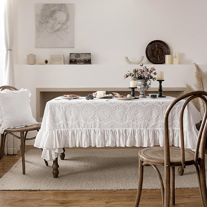 patdrea Vintage Ruffle Tablecloth for Rectangle Tables,Farmhouse Embroidered Cotton White Lace Table Cloth Cover Decor for Dining Room Wedding Banquet Thanksgiving Christmas,67"*106"