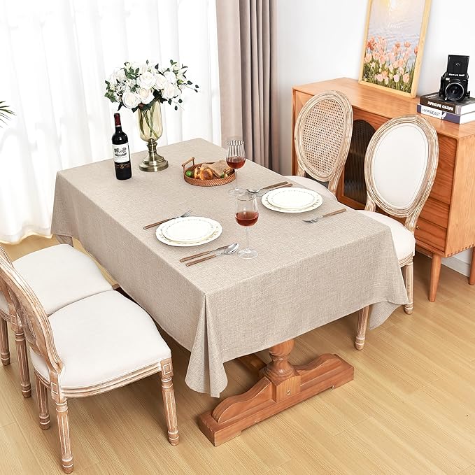Fitable Faux Linen Beige Table Clothes Rectangle 60 x 102 Inch - 2 Pack Neutral Tablecloths for 6 Foot Tables, Faux Burlap Kitchen Table Covers for Dining, Party, Farmhouse, Banquet, Buffet