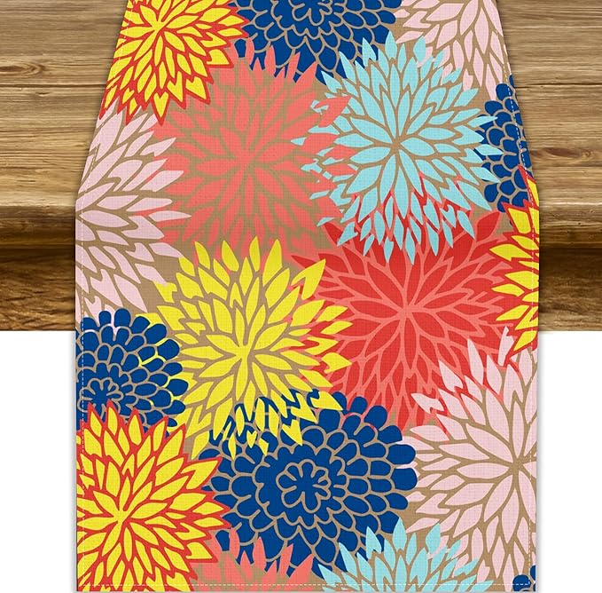Dahlia Flowers Table Runner Colorful Floral Teal Grey Pink Yellow Blue Abstract Table Runner Kitchen Dining Party Decor Living Room, 13x90 Inch