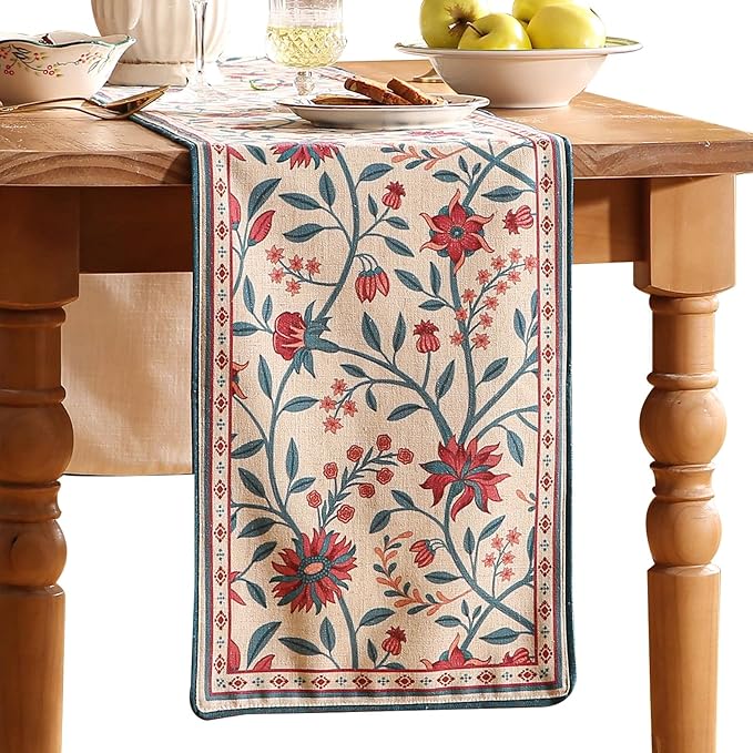 Farmhouse Berry Red Floral Cloth Runner for Coffee Table,71 Inches Long Linen French Table Runners,Decor Tabletop for Kitchen,Dining,Tea Party,Home,Christmas,12"*71"