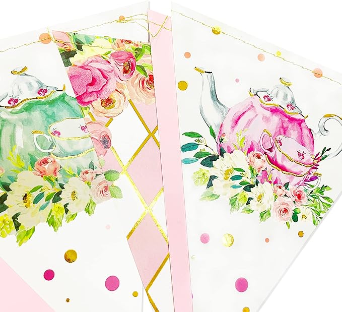 Spring Tea Party Decorations Pink and Gold Floral Flower Butterfly Teapot Teacup Plaid Paper Triangle Flag Pennant Banner Bunting for Spring Birthday Wedding Bridal Baby Shower Engagement Tea Party