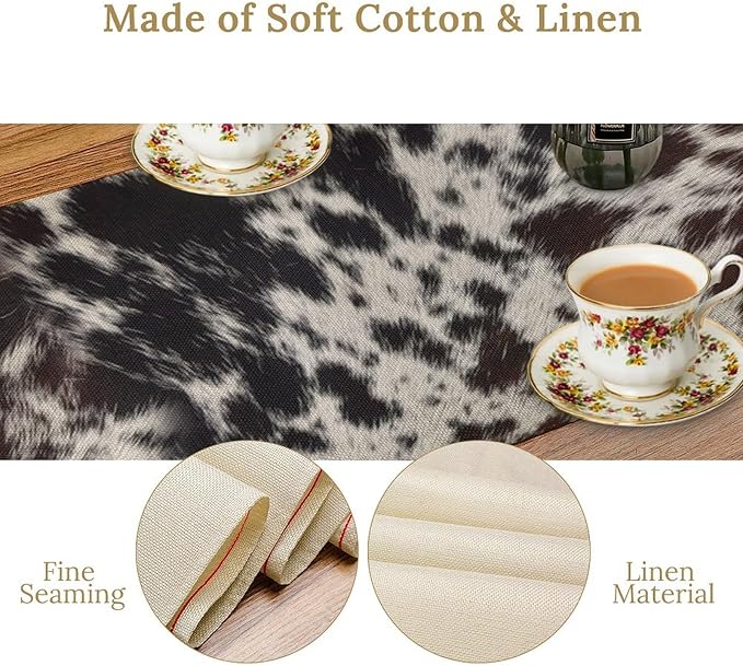 Cow Print Table Runner, Country Farm Animal Fur Skin Pattern Western Style Black Brown Cowhide Print Dinner Runner for Home Kitchen Dining Home Setting, 13x60 Inch