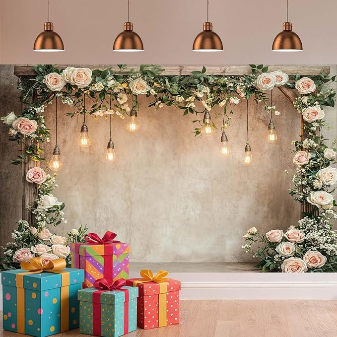 6x6ft Country Wedding Photography Backdrop Floral Rustic Roses Farmhouse Wooden Door Backdrop Pink Flower Birthday Baby Shower Wedding Bridal Party Banner Photo Booth Props Anniversary Background
