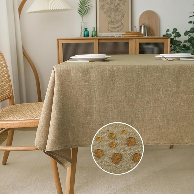 NLMUVW Tan Linen Tablecloth Rectangle, Farmhouse Table Cloth Textured Water Resistant Decorative Table Cover for Cafe Dining Kitchen, 54 x 78 Inch