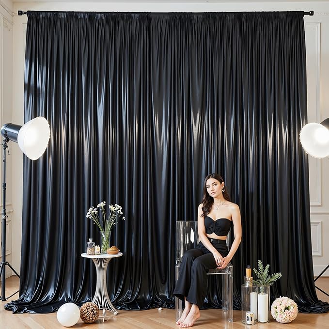 Black Glitter Backdrop Curtain for Parties Wedding,10Ft x 10Ft Satin Shimmer Photo Backdrop,Non-Wrinkle Sparkle Drapes for Backdrop,Back Drop for Photography, Birthdays,Weddings,Prom