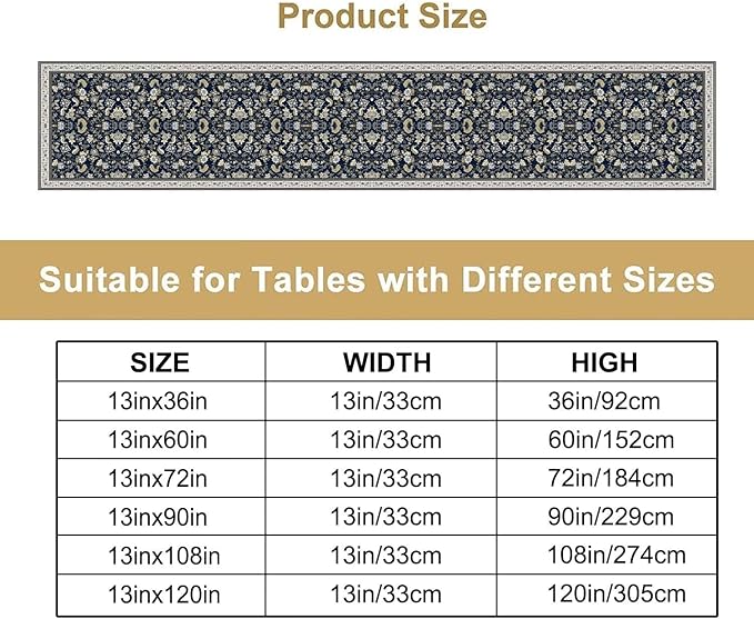 Vintage Boho Floral Table Runner, Morris Rustic Country Farmhouse Dark Blue Grey Retro Flower Pattern for Home Kitchen Table Decor Dining Coffee Room Party Decor 13x108in